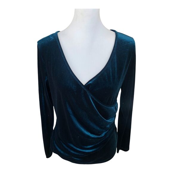 Sexy‎ Deep V-Neck Emerald Green Velvet Faux Wrap Cinched Waist Top Blouse Size L - Picture 1 of 13